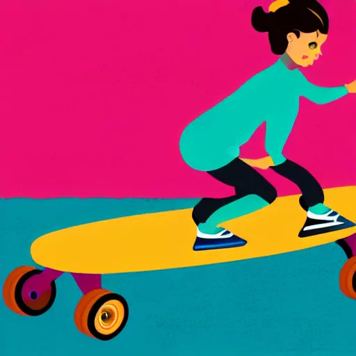 Image similar to stylized illustration of a girl ridin a skateboard with one leg up and the other on the deck going fast, side view