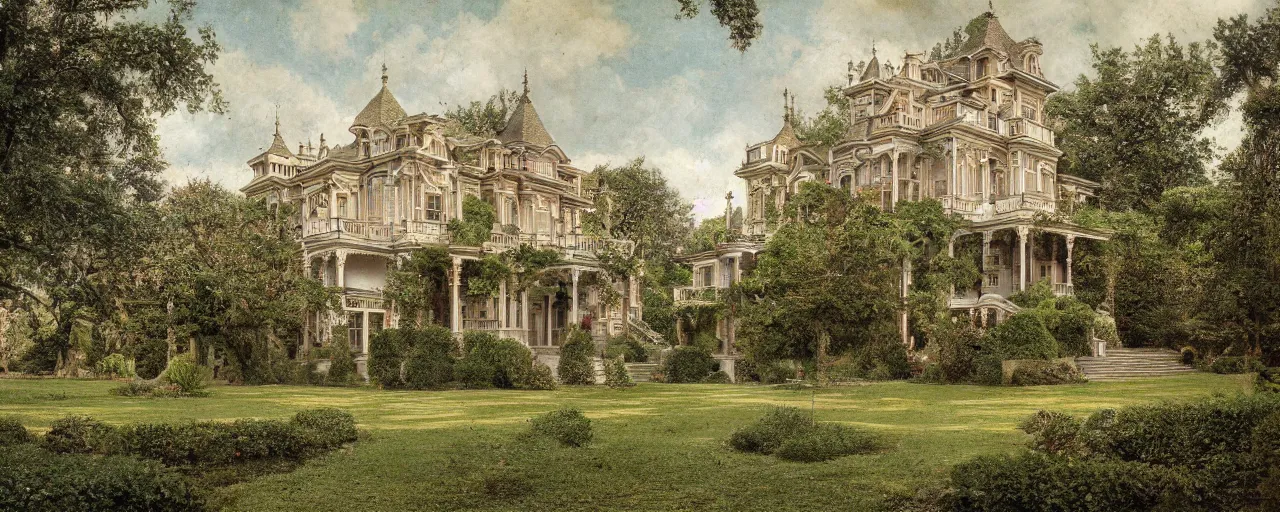 Image similar to a highly detailed photograph of a house from the 1880s surrounded by beautiful gardens, view from ground level, elegant, ornate, daytime, beautifully lit scene