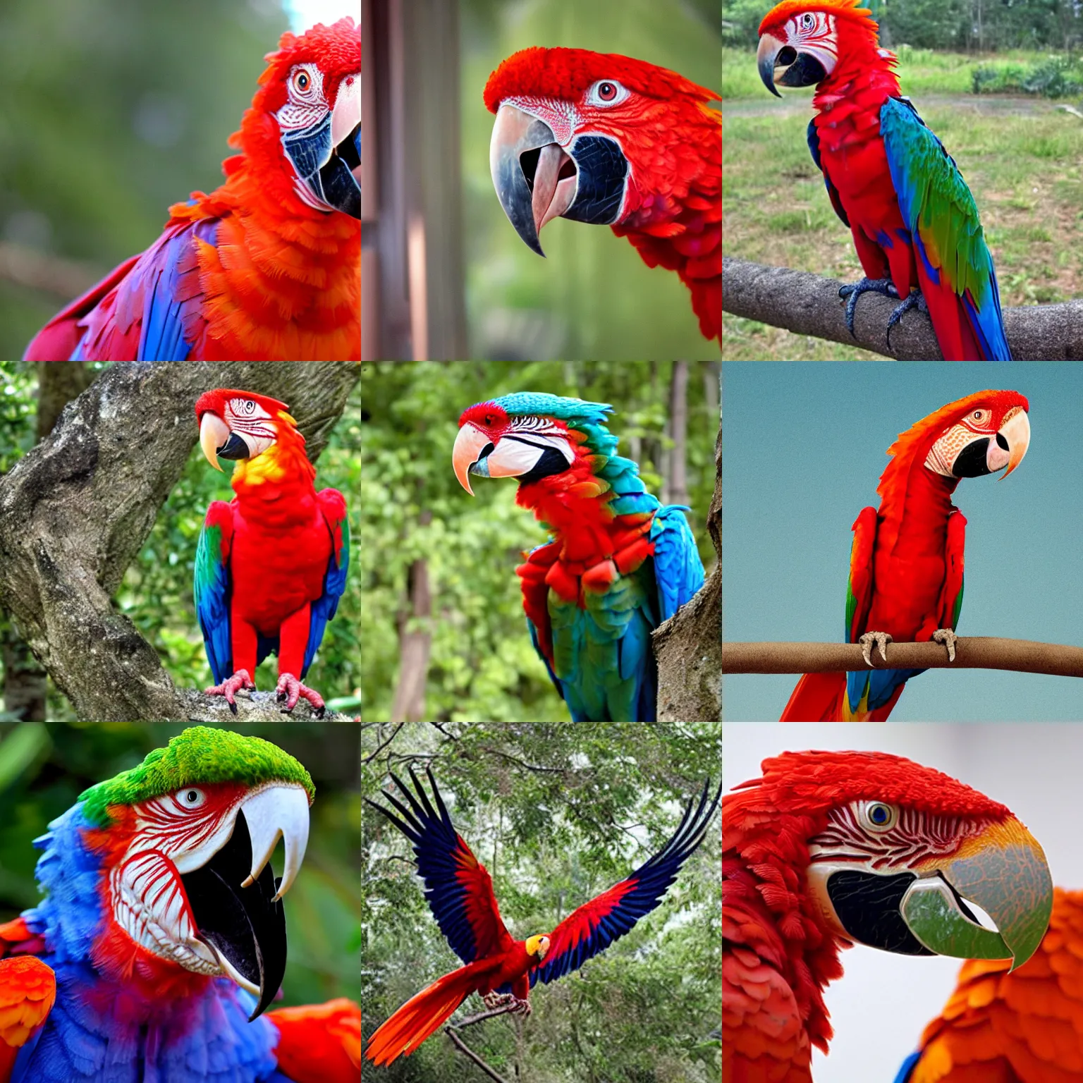 Prompt: a dinosaur that looks like a scarlet macaw.