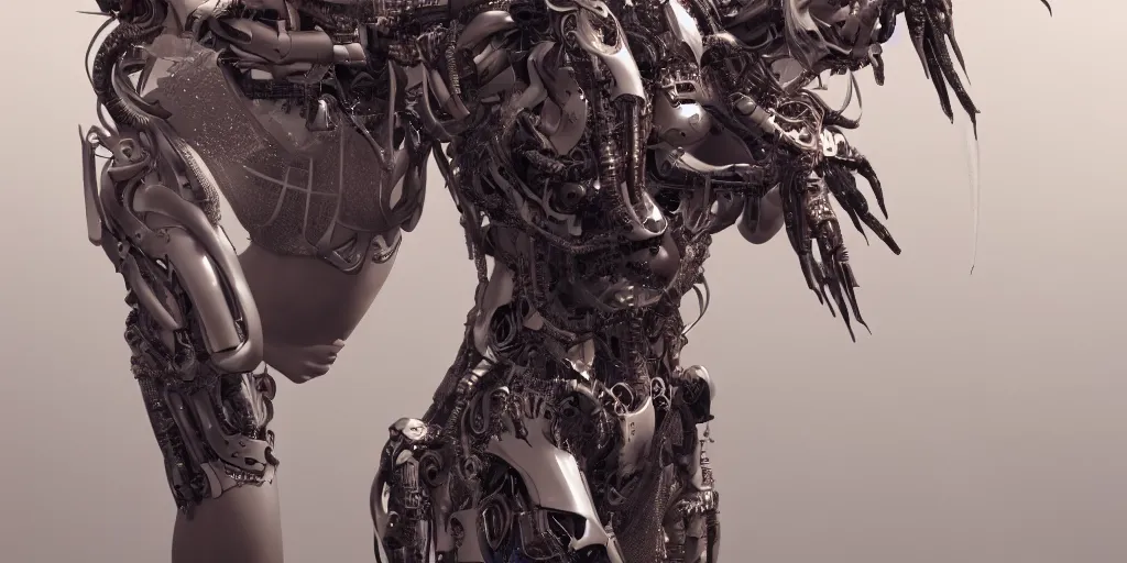Prompt: photorealistic gorgeous female cyborg, holding intimately, highly detailed, intricate detailing, torso, neck, knees, in the style of, beth cavener, jin kagetsu, wlop, masterpiece, concept art, highkey lighting, ambient lighting, octane render, 8 k, artstation