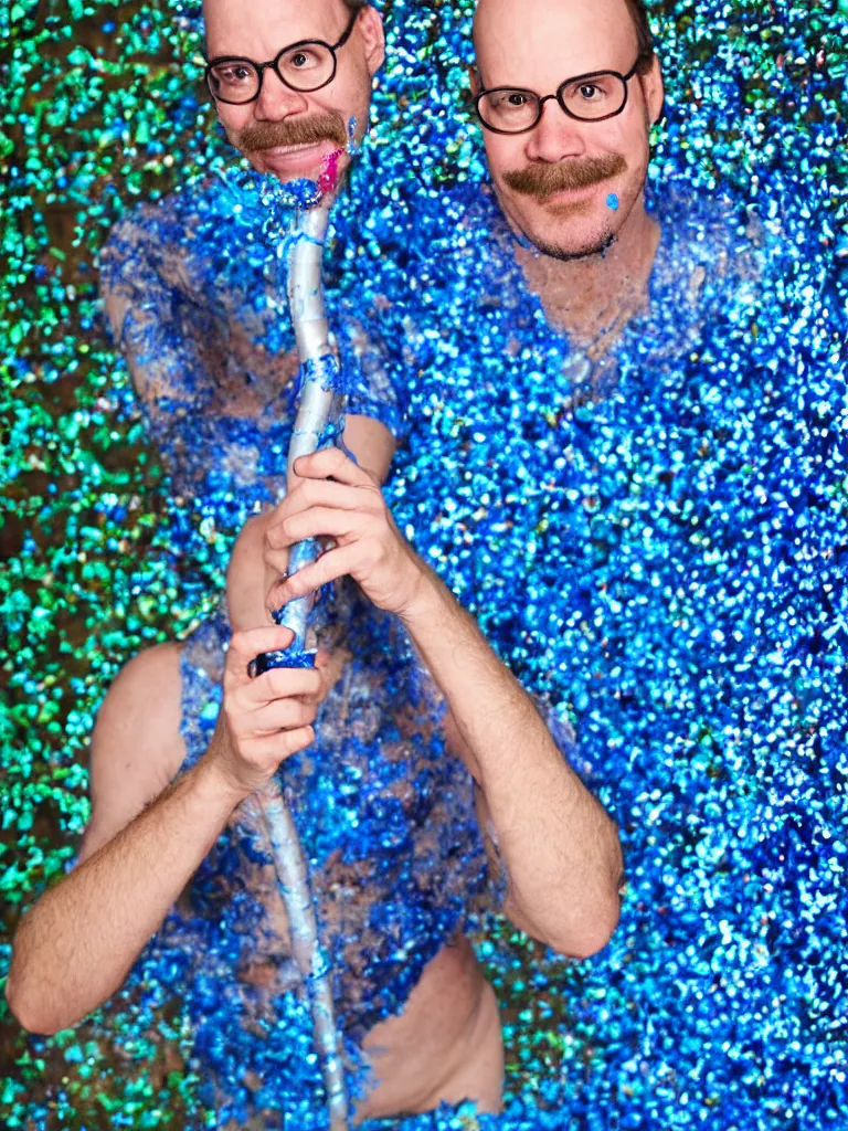 Prompt: Tobias fünke as a Blue Man drinking glitter from a garden hose, highly detailed portrait