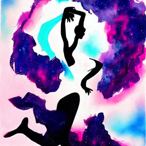 Prompt: abstract ink and acrylic painting, ink drawing shape of a dancing beautiful woman silhouette!, pouring, sprays, nebulae colors, black dark blue purple and pink color scheme, curves, starfield, artstation, pinterest