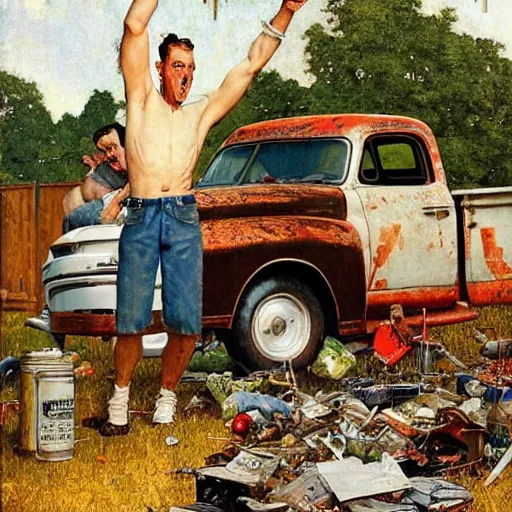 Prompt: A Norman Rockwell painting of a front yard covered in thrash that has half of an old broken down truck in it. There is a man standing in the yard holding a beer wearing a stained white tank top and underwear, detailed, masterpiece