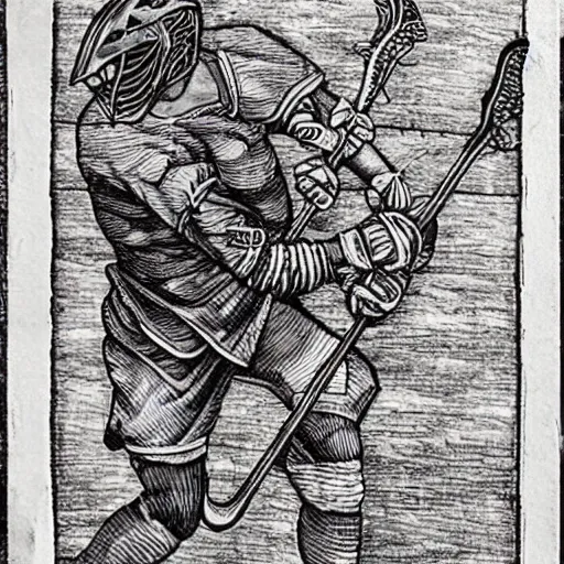 Image similar to lacrosse player, highly detailed, 8k, intricate, Albrecht Durer style