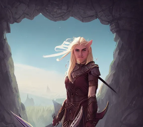 Image similar to the elder scrolls vi a portrait of a blond elven princess warrior portrait near the epic entrance to a city. illustration by atey ghailan