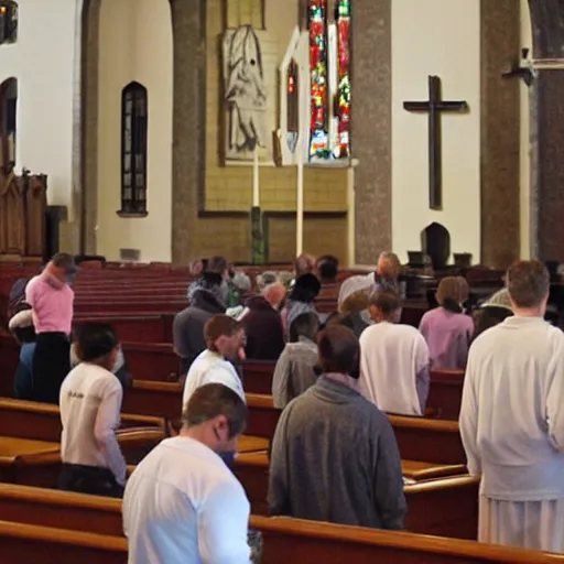 Prompt: reptilians praying in church