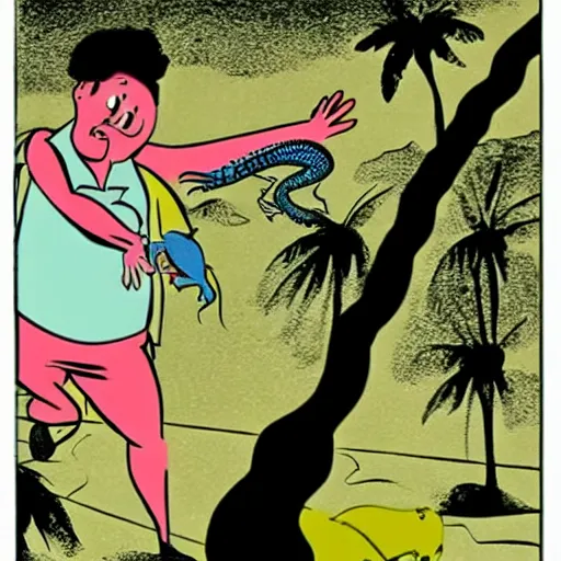 Image similar to charles mingus chasing after a lizard, 1 9 5 0 s cartoon style