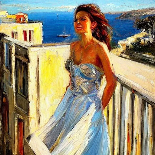 Image similar to the maiden standing on the balcony overlooking the aegean sea by andrew atroshenko