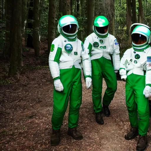 Image similar to a squad of space scouts wearing white and green space suits exploring a forest planet