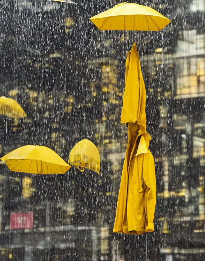 Image similar to a lone yellow zara raincoat flying hanging mid - air on a glittering rainy display designed by james terrell, we anderson