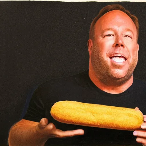 Prompt: alex jones eating a huge twinkie, woodcut,