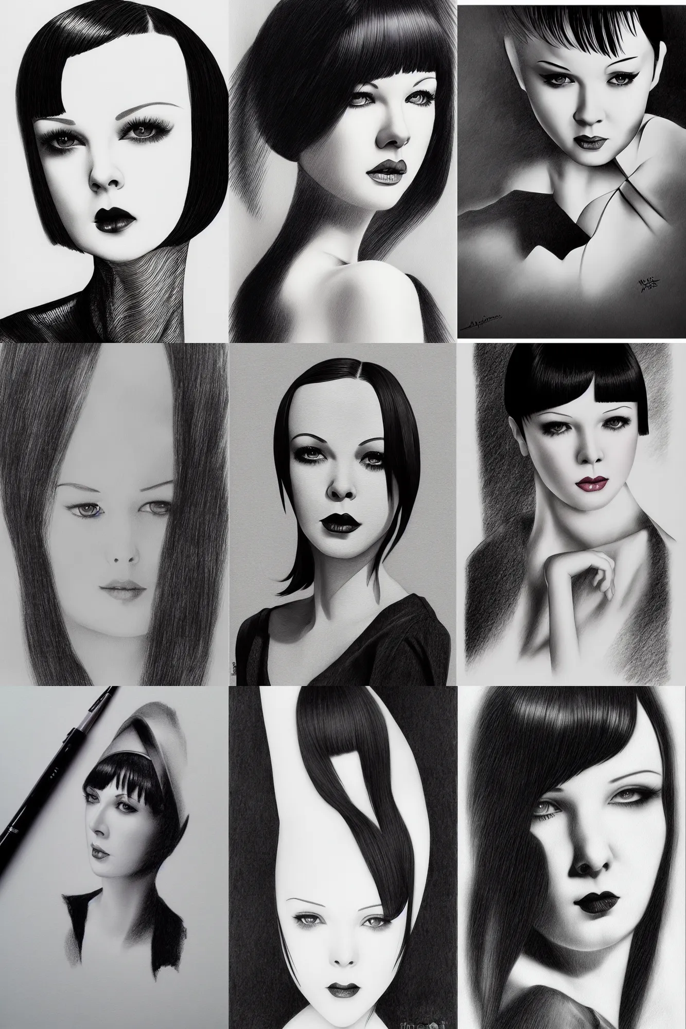 Prompt: pen and ink drawing of mary louise brooks by stanley artgerm lau, wlop, rossdraws, op art