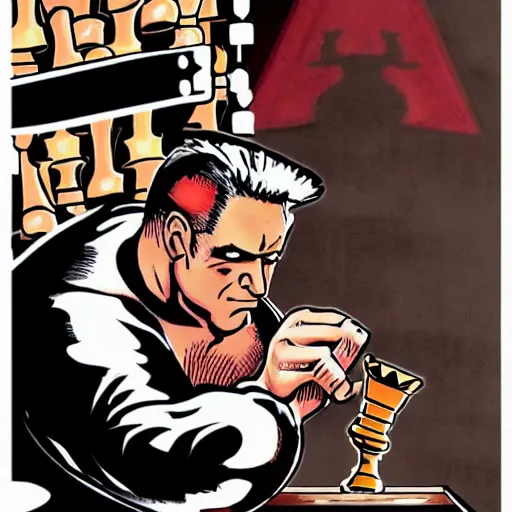 Image similar to Duke Nukem playing chess, Duke Nukem art style, explosive background