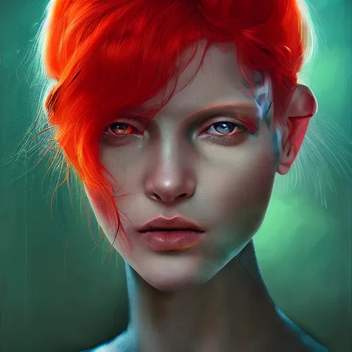 Image similar to a portrait of a beautiful cyborg girl, red hair, glowing green eyes, urban motifs, intricate, elegant, highly detailed, digital painting, trending on artstation, concept art, smooth sharp focus, illustration, art by james jean and zdzisław beksinski