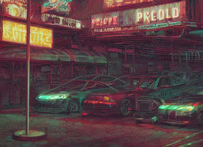 Image similar to reptile people exterior parking lot, cyberpunk neon, in the style of jeremy enecio, intricate, miles johnston, monet, cynical realism, john william godward, painterly, yoshitaka amano, miles johnston, louise zhang, pekka halonen, finnish naturalism, realism