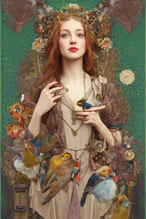 Image similar to zoomed out 3 d render of english princess holding birds, ornaments, mucha vibe, dieselpunk, solarpunk, artstation