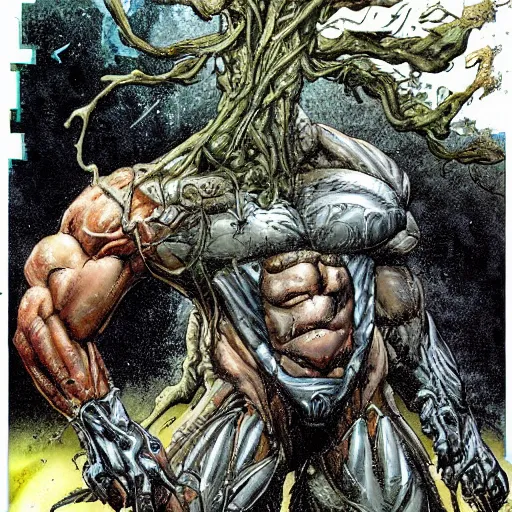 Image similar to by Simon Bisley, a cybernetically enhanced man on steroids growing out of an organic wall made of sinew and flesh