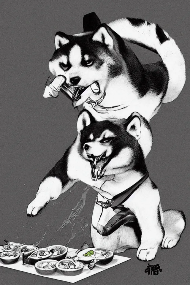 Prompt: a portrait of a shiba inu eating sushi, in the art style of shoihei otomo, realistic, highly detailed, b & w