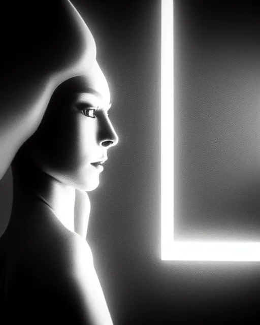 Image similar to black and white high quality photo of a beautiful female human-cyborg looking into a sci-fi mirror, volumetric lighting, liminal space, brutalism, foggy, dreamy, hyperdetailed, bokeh, photorealistic, cinematic, masterpiece, Metropolis, elegant, dark, octane render, 8K, in the style of Man Ray