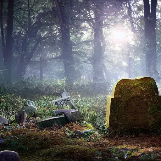 Image similar to side view of a beautiful abandoned tombstone with an embedded emerald laying on the ground, overgrown foliage taking over it, deep forest in the background, biopunk, bokeh, beautiful, lens flare, emotional, detailed, picture, trending on artstation, award - winning, shiny, golden, octane render