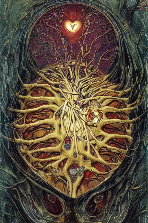 Prompt: Heart of Thorns by Karol Bak, Jean Deville, Gustav Klimt, and Vincent Van Gogh, anatomical heart, sacred heart, Surreality, otherworldly, infernal enigma, Helliquary, fractal structures, celestial, arcane, ornate gilded medieval icon, third eye, spirals, dramatic sharp thorns, rich deep moody colors