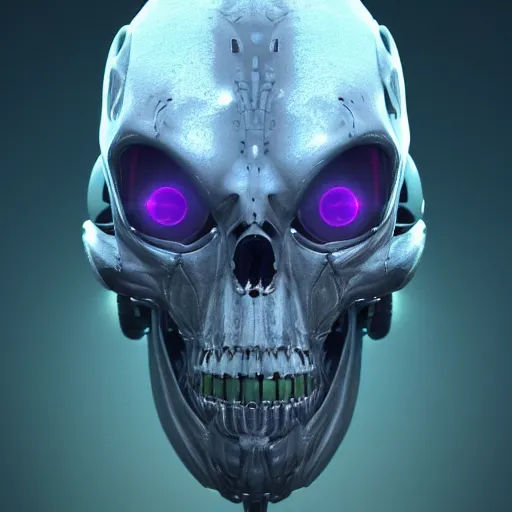 Image similar to a cyborg futuristic detailed alien skull with eyes that are holograms into an alien world. 3D render trending on artstation. Concept art octane.