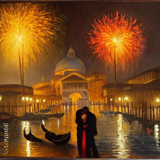 Image similar to an oil painting of couple kissing, in a background fireworks in venice