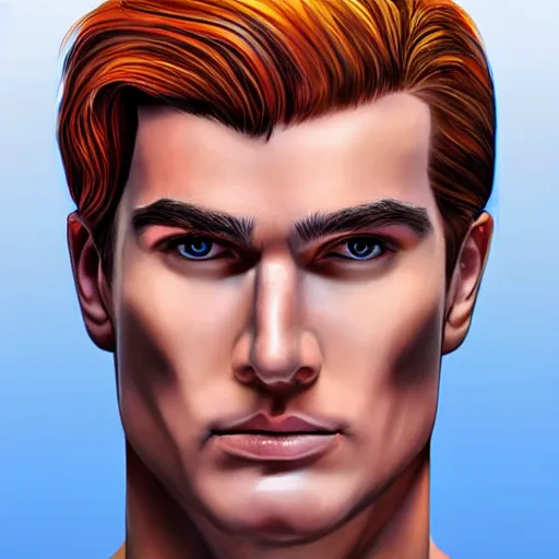 Image similar to hyper realistic portrait of superman with blonde two sides hair and thin face lines