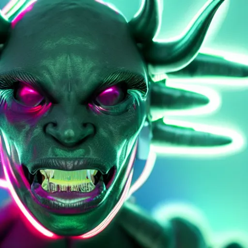 Image similar to synthwave demonic alien face with neon horns, detailed face, sharp focus, synthwave art, aesthetic, octane render, raw, cinematic