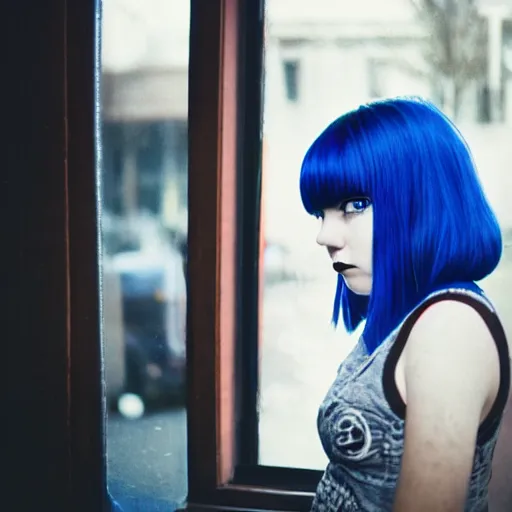 Prompt: an adorable goth girl with blue hair gazing out a coffee shop window, soft early morning light, cinematic angle, dreamy 3 5 mm film portrait