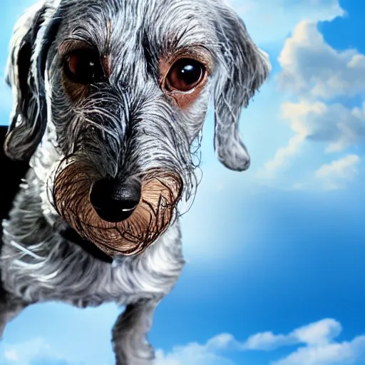 Prompt: an elderly, grey wire-haired dachshund floating in heaven, blue sky, surrounded by beautiful white clouds, with a halo