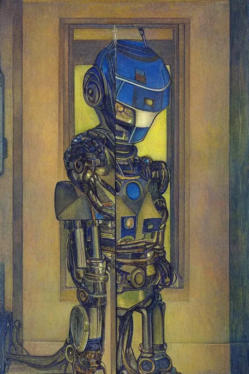 Image similar to the robot wearing his electric crown stands by the window at midnight , by Annie Swynnerton and Diego Rivera and Elihu Vedder, symbolist, dramatic lighting, elaborate geometric ornament, Art Brut, soft blues and greens,smooth, sharp focus, extremely detailed, Adolf Wölfli and Evelyn De Morgan