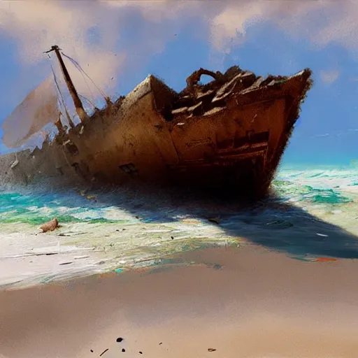 Image similar to shipwreck on a sandy beach on a sunny day, art by craig mullins, highly detailed, trending on artstation, award winning