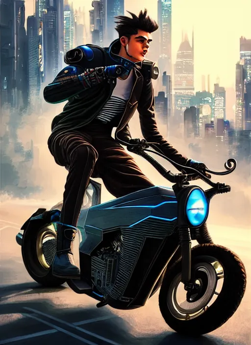 Image similar to photo of cyberpunk male teenager riding on a motorcyle in the style of stefan kostic, realistic, sharp focus, 8 k high definition, insanely detailed, intricate, elegant, art by stanley lau and artgerm