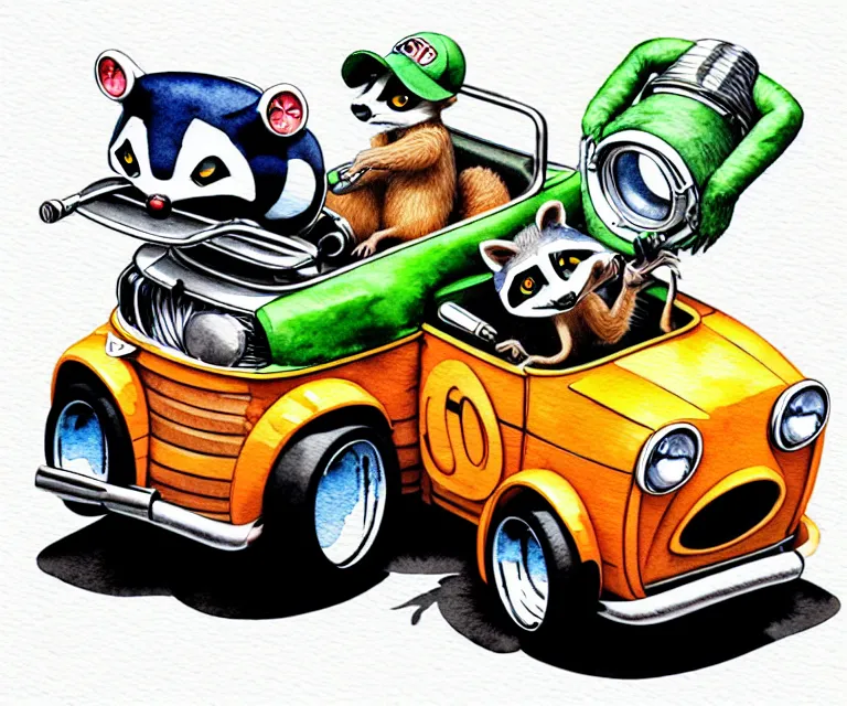 Image similar to cute and funny, ( racoon [ smoking cigar ] ) riding in a tiny hot rod with oversized engine, ratfink style by ed roth, centered award winning watercolor pen illustration, isometric illustration by watercolor girl, edited by range murata, tiny details by artgerm, symmetrically isometrically centered