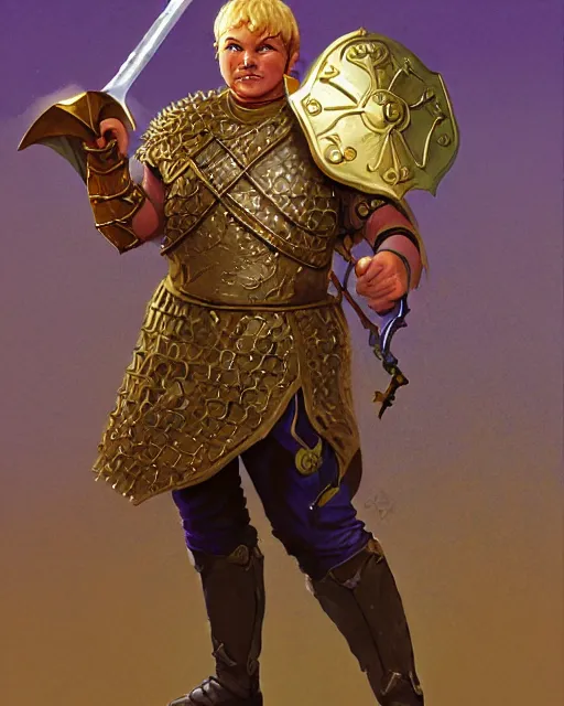 Image similar to beverly toegold the fift, epic level dnd male halfling nature verdant paladin, wielding the golden holy avenger sword, wearing magical gleaming chainmail armor. full character concept art, realistic, high detail digital gouache painting by angus mcbride and michael whelan and jeffrey jones