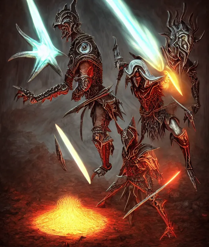 Image similar to A Dark Elf Telvanni in Daedric armor with white hair and glowing red eyes fights a dwemer Centurion in a dwemer ruin, Hyper realism, glow, runes, magic, morrowind, Oblivion, Skyrim, dark, gloomy, steam, ancient machines, lava, gears