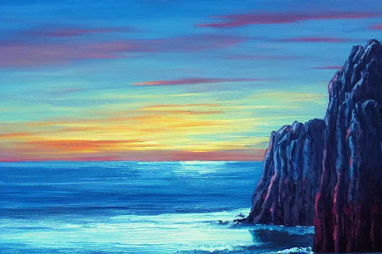 Image similar to a blue sunset with red tall cliffs, scenic view, artstation, painting