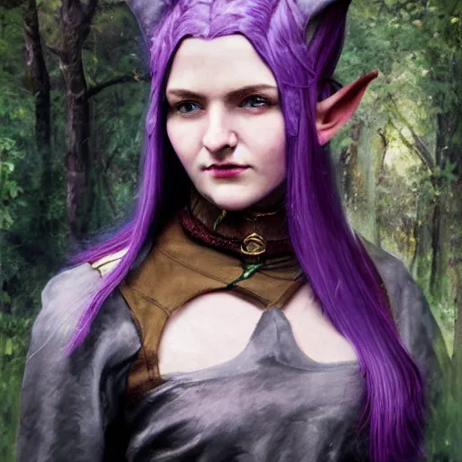 Prompt: oil painting a female medieval fantasy tolkien elf, dark purplish hair tucked behind ears, wearing a fur lined collar, wide face, muscular build, scar across the nose, cinematic, character art, detailed.