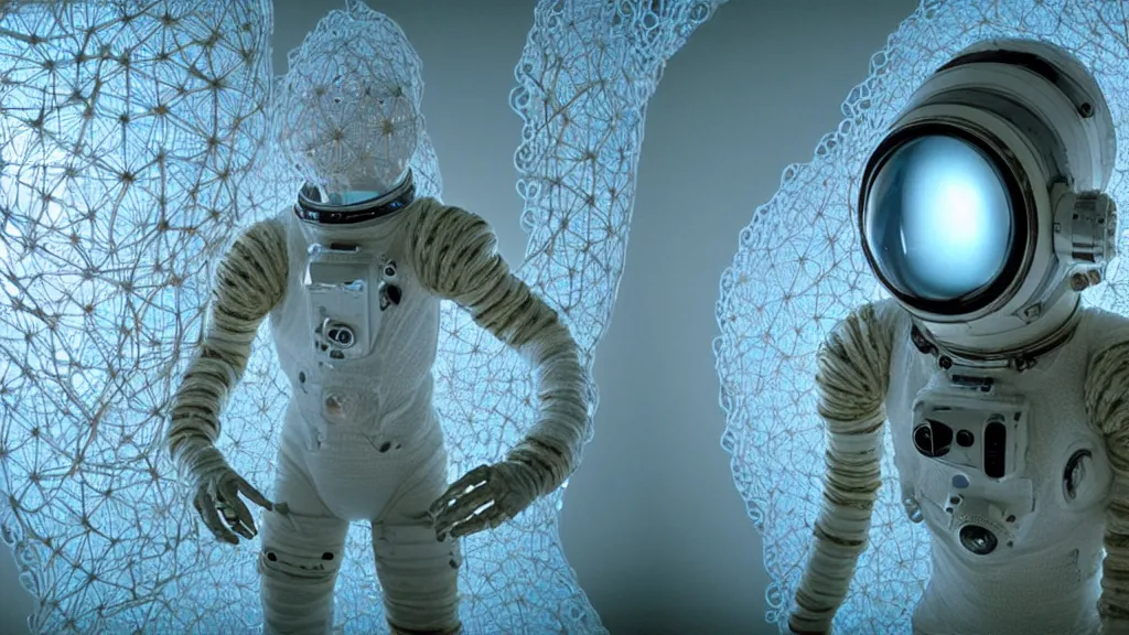 Image similar to a cybernetic symbiosis of a single astronaut eva suit made of pearlescent wearing knitted yarn thread infected with diamond 3d fractal lace iridescent bubble 3d skin covered with stalks of insectoid compound eye camera lenses floats through the living room, film still from the movie directed by Denis Villeneuve with art direction by Salvador Dalí, wide lens,