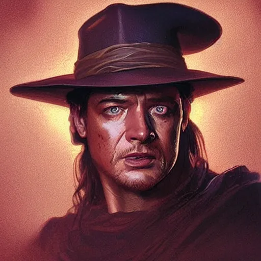 Prompt: “Explorer who looks like Brendan Fraser, similar to Indiana Jones, face of an Oni monster, D&D, fantasy, intricate, cinematic lighting, highly detailed, digital painting, artstation, concept art, smooth, sharp focus, illustration, art by Artgerm and Greg Rutkowski and Alphonse Mucha”