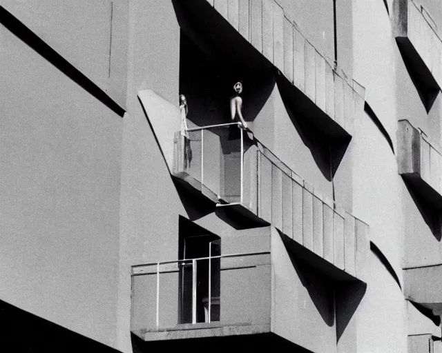 Image similar to a still of a woman standing on a huge brutalist white balcony, outside view, clear sky, minimalist composition, music video (1985)