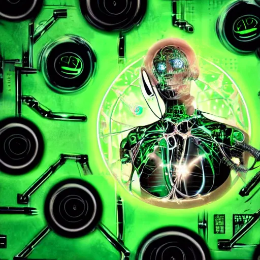 Image similar to sci-fi mechanical exploding pulsating human green heart of a 14yo boy, clockwork mechanical, sci-fi jewellery, hyper realistic, human anatomy, robot, listening to music through headphones, background is a green cotton surgical sheet