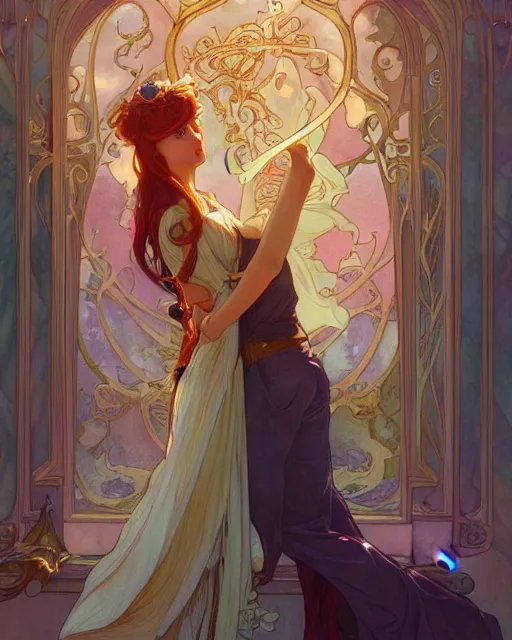 Image similar to secret romance, highly detailed, gold filigree, romantic storybook fantasy, soft cinematic lighting, award, disney concept art watercolor illustration by mandy jurgens and alphonse mucha and alena aenami, pastel color palette, featured on artstation