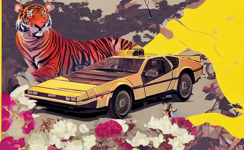 Image similar to a red delorean with a yellow tiger, art by hsiao - ron cheng and utagawa kunisada in a magazine collage, # de 9 5 f 0