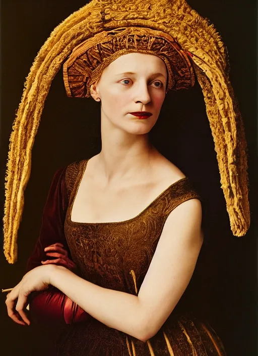 Image similar to portrait of young woman in renaissance dress and renaissance headdress, art by annie leibovitz