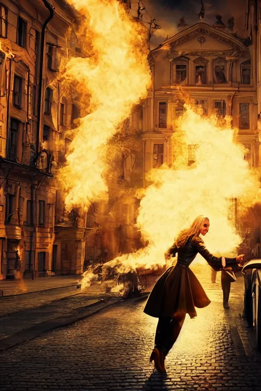 Image similar to in the foreground a street of Saint Petersburg, in the background a blond woman spitting flames with her hands wearing a long jacket like a matrix, realistic, high definition, many details, dramatic scene, detailed and realistic hands, symmetrical face, eyes realistic, art of D&D