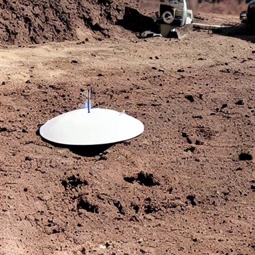 Prompt: a saucer shaped ufo stuck vertically in the dirt after crashing,