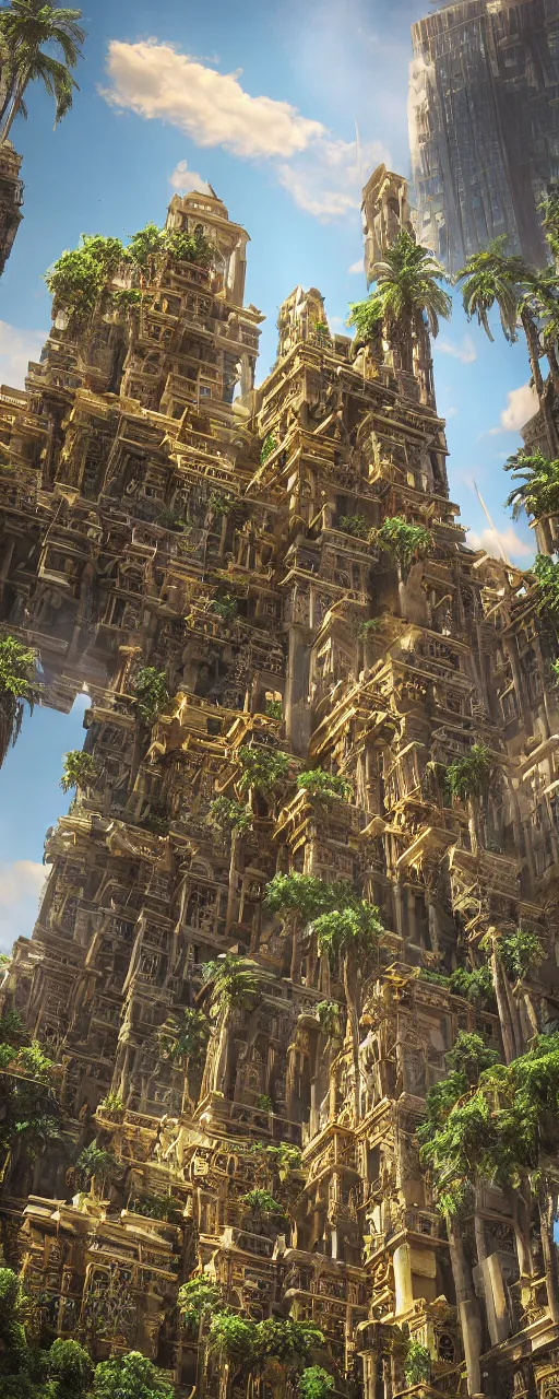 Image similar to photorealistic eye level babylon tower, golden intricate details, stone facade, sacred ancient architecture, hanging gardens, cascading highrise, arid mountains with lush palm forest, sunlight, post - production, octane, cgi, sfx