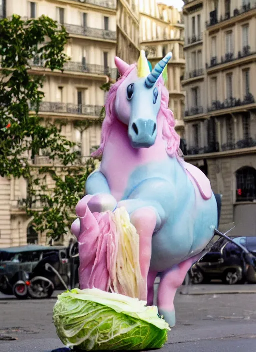 Prompt: a unicorn in paris, a cat and a piece of cabbage are bursting out of the unicorn, lsd, canon 5 d 5 0 mm lens kodachrome